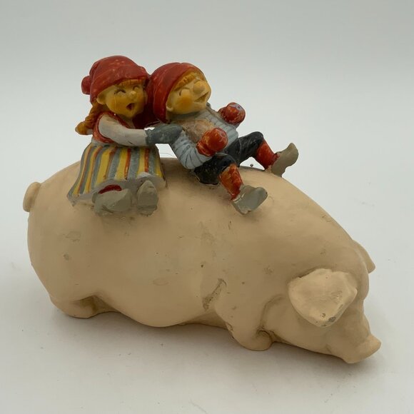 Candy Design Other - Candy Design Norway - Scandinavian Tomte Nisse Boy & Girl Riding Pig Figurine